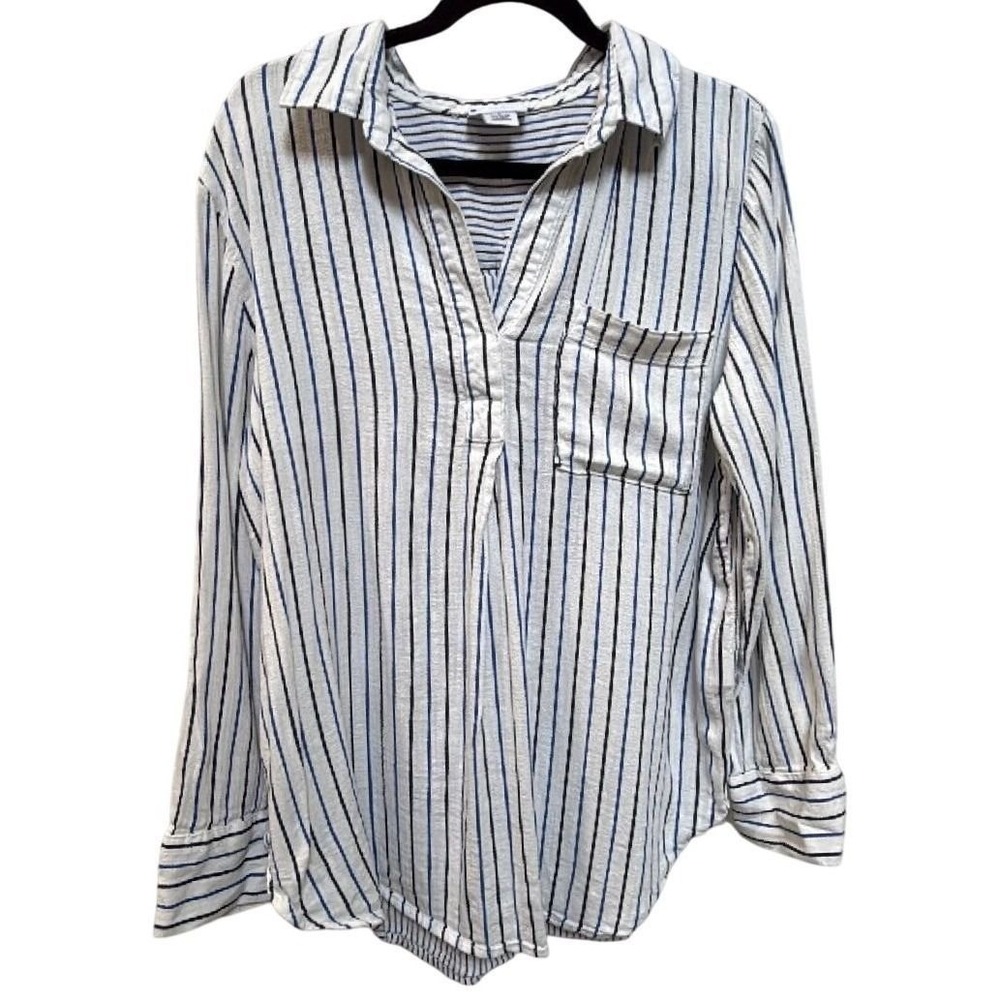 Liz Claiborne Women's Large Blue White Striped Popover Blouse Cotton Rayon Shirt